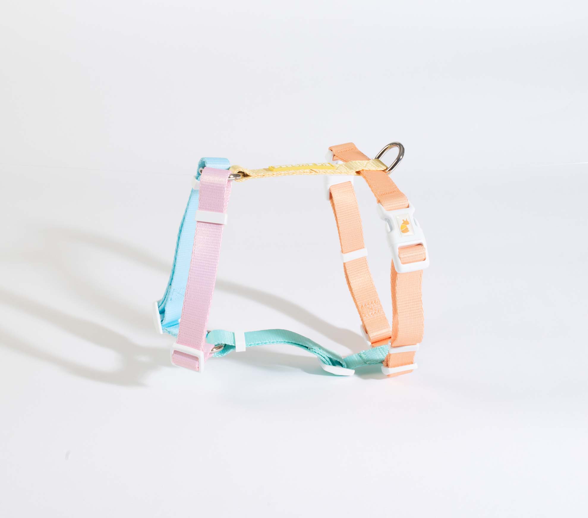 poochie-pie-dog-harness-rainbow-strap-blue-pink-yellow-purple-orange-peach-green-mint-walk-walkwear-restraint-pastel-nopull-best